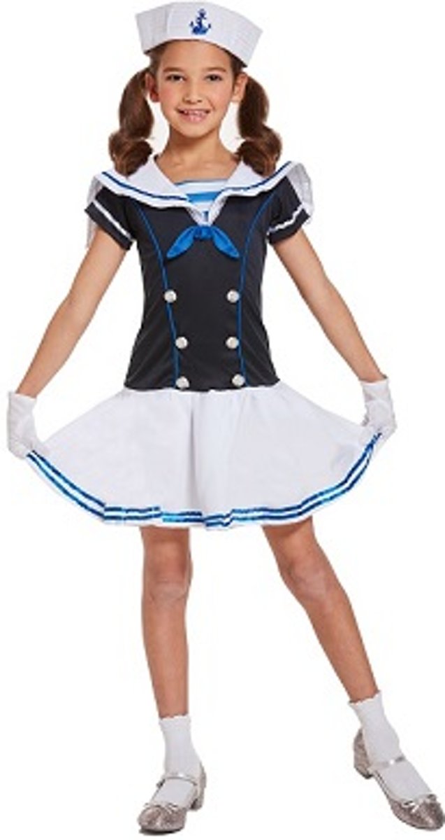 KINDEREN MEISJES Matrozen/ Marine Kostuum, bestaande uit: Jurk en Hoed | Meisjes Matroos Kostuum | Matrozen / Marine Jurk | Kleur: Wit & Blauw | Carnavalskleding | Verkleedkleding | Feest Kostuum  | Meisjes | Maat: M - Leeftijd: 7-9 Jaar